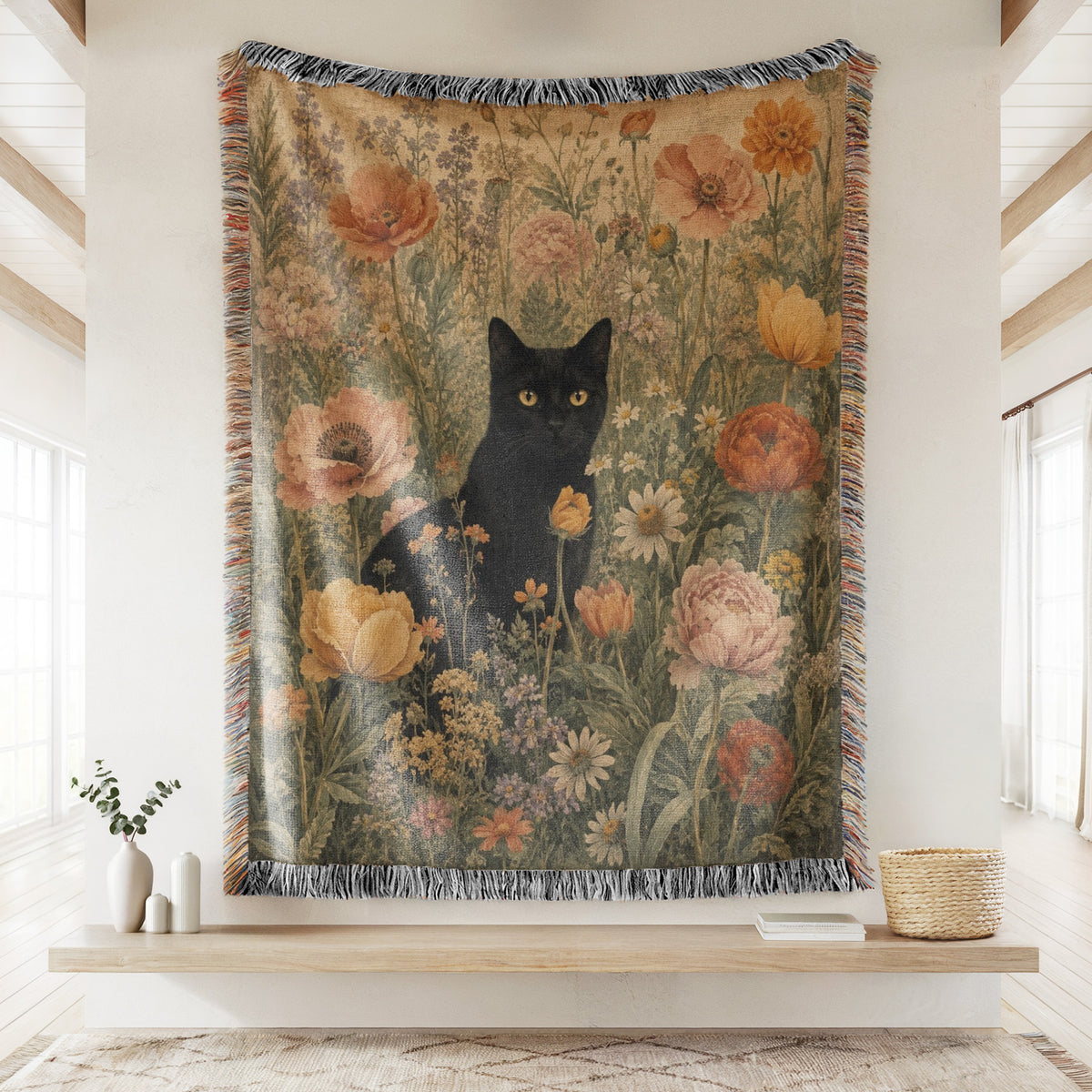 Vintage Poppy Garden Black Cat Blanket