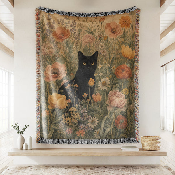 Vintage Poppy Garden Black Cat Blanket