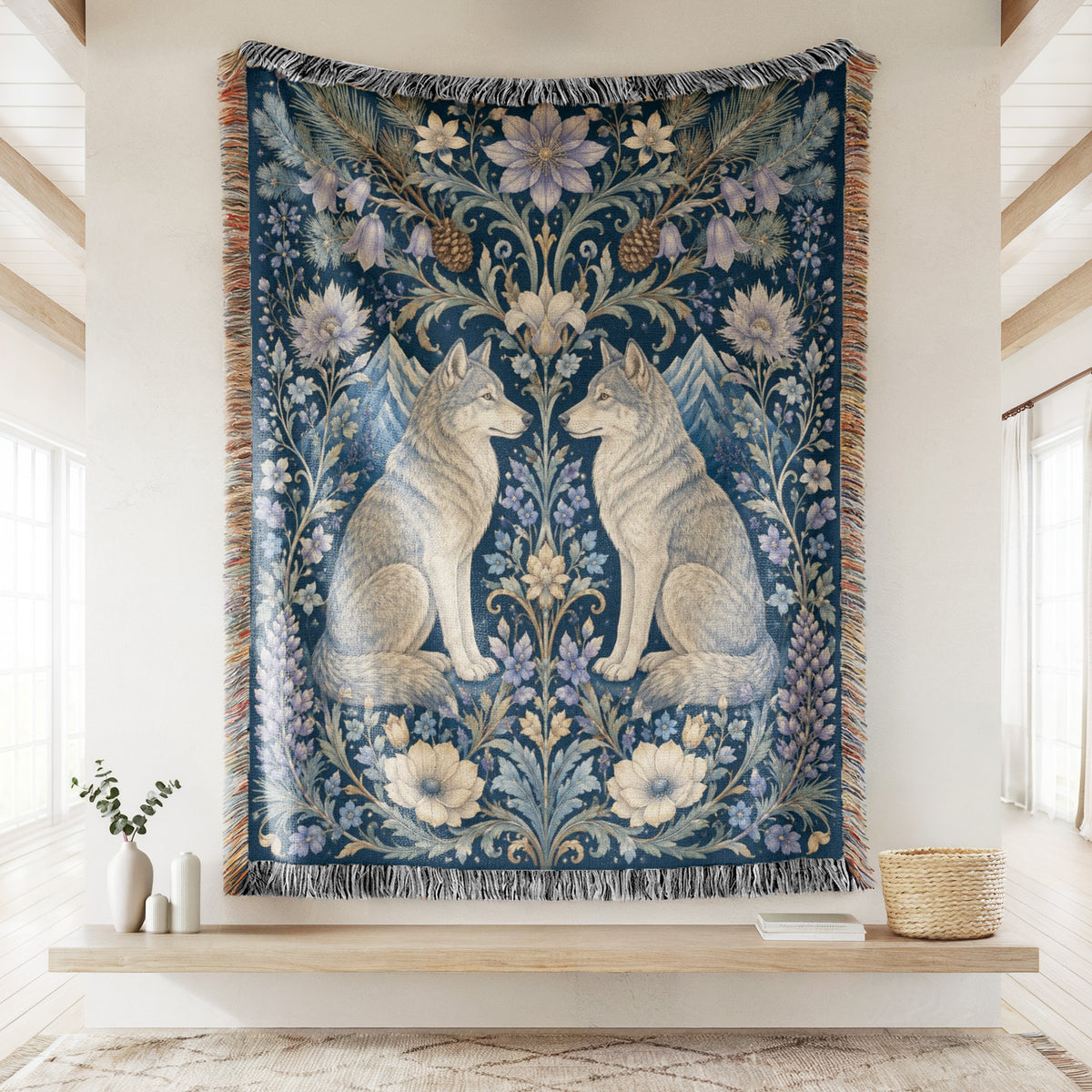Moonlit Wolf Floral Blanket