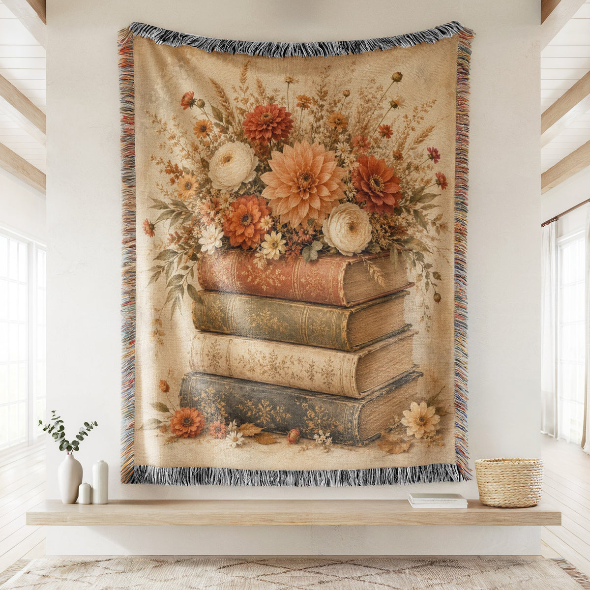 Autumn Flowers & Vintage Books Blanket