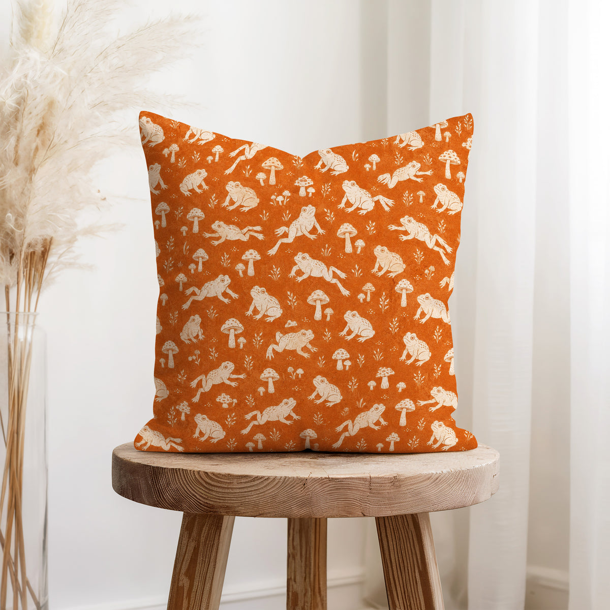 Frogs & Toadstools – Orange Woodland Pillow