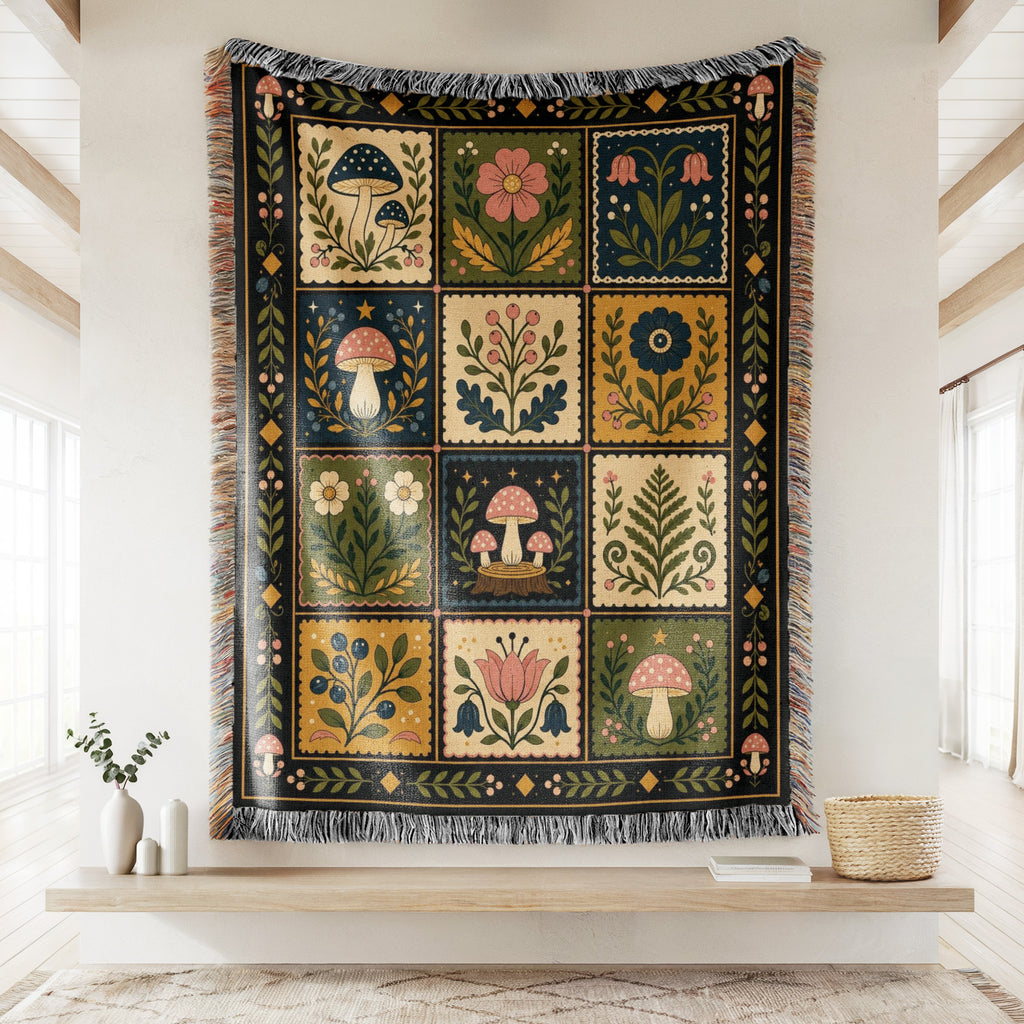 Mushroom Folk Patchwork Blanket