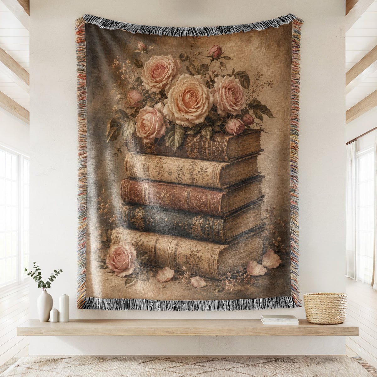 Blush Roses & Antique Books Blanket