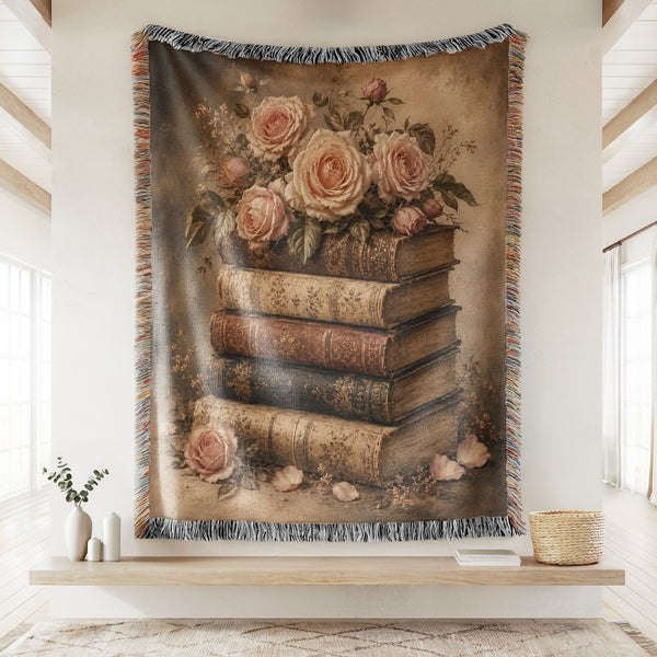 Blush Roses & Antique Books Blanket