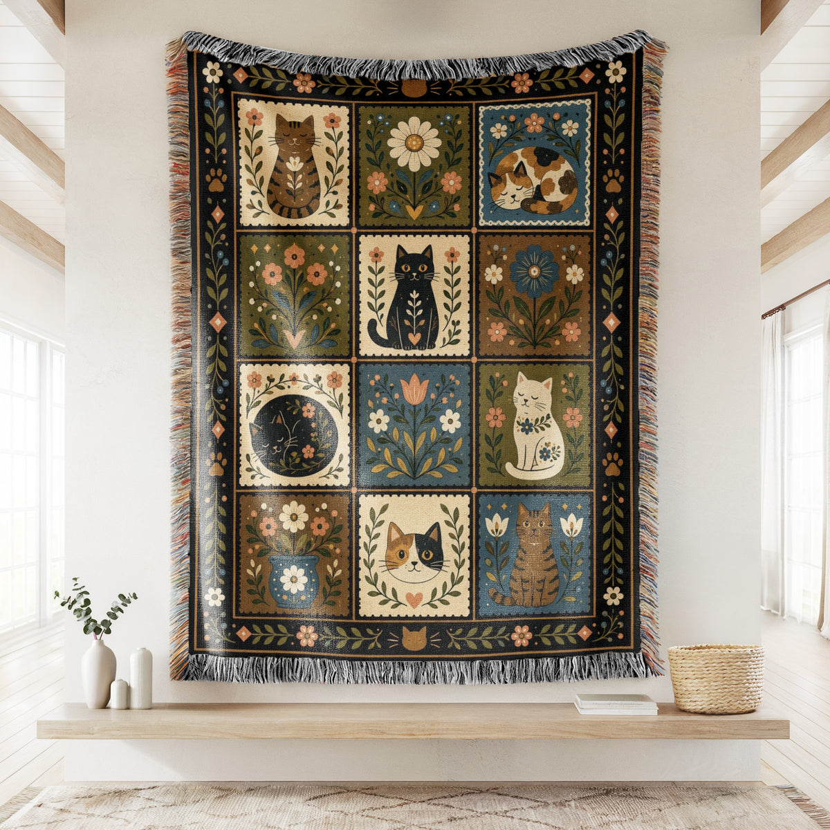 Cats in the Folk Garden Blanket