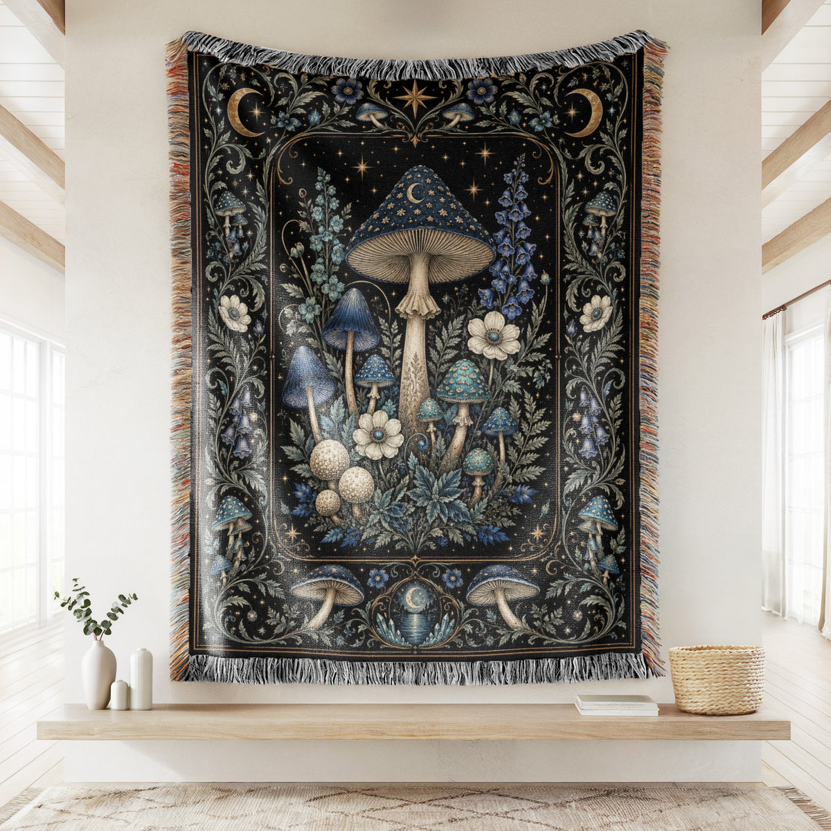 Midnight Blue Mushroom Moon Blanket