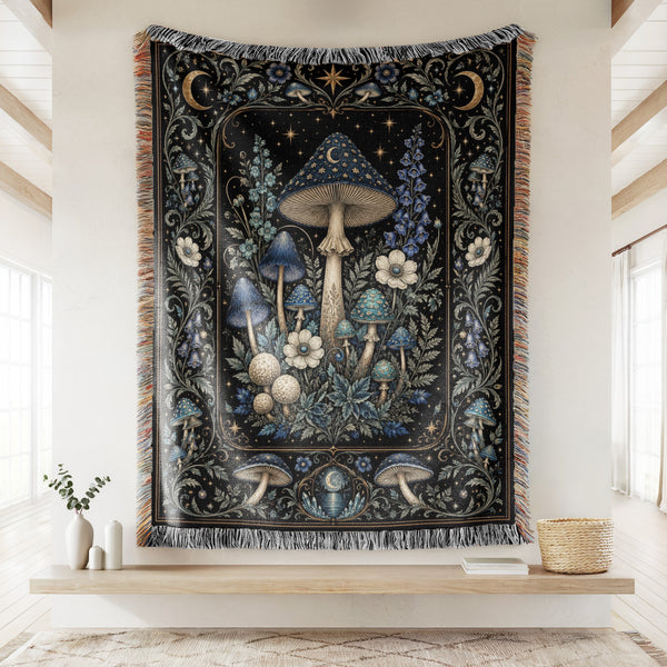 Midnight Blue Mushroom Moon Blanket
