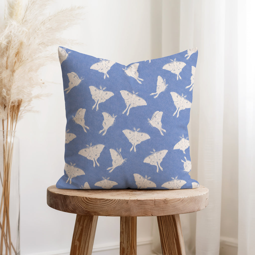 Luna Moths – Dusty Blue Botanical Pillow