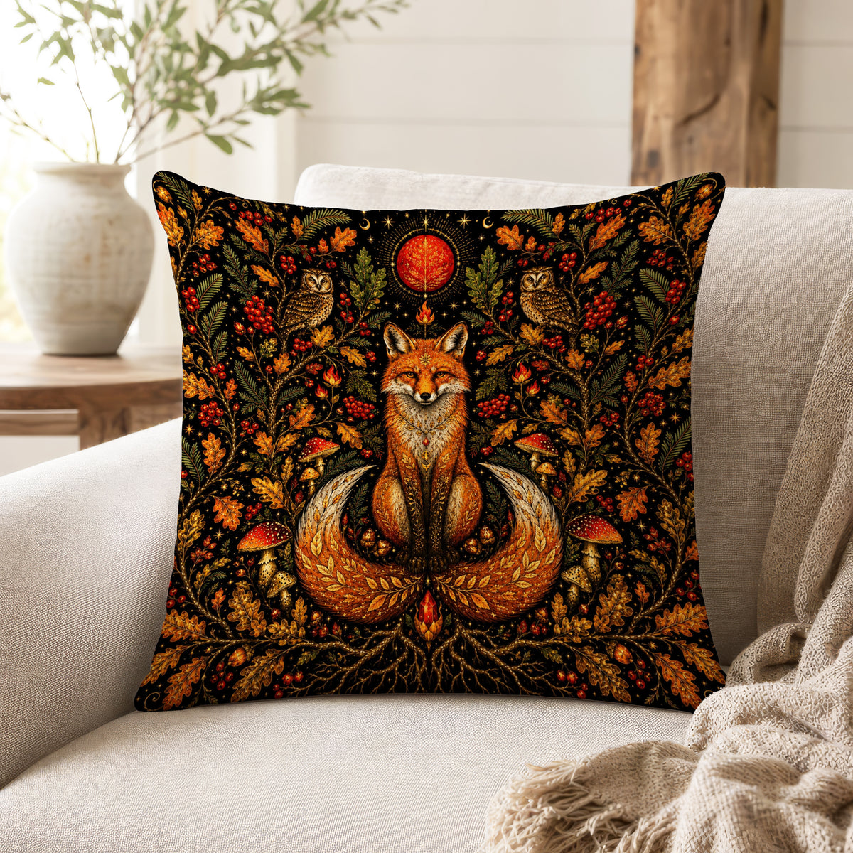 Autumn Foxfire – Fox & Owl Woodland Pillow