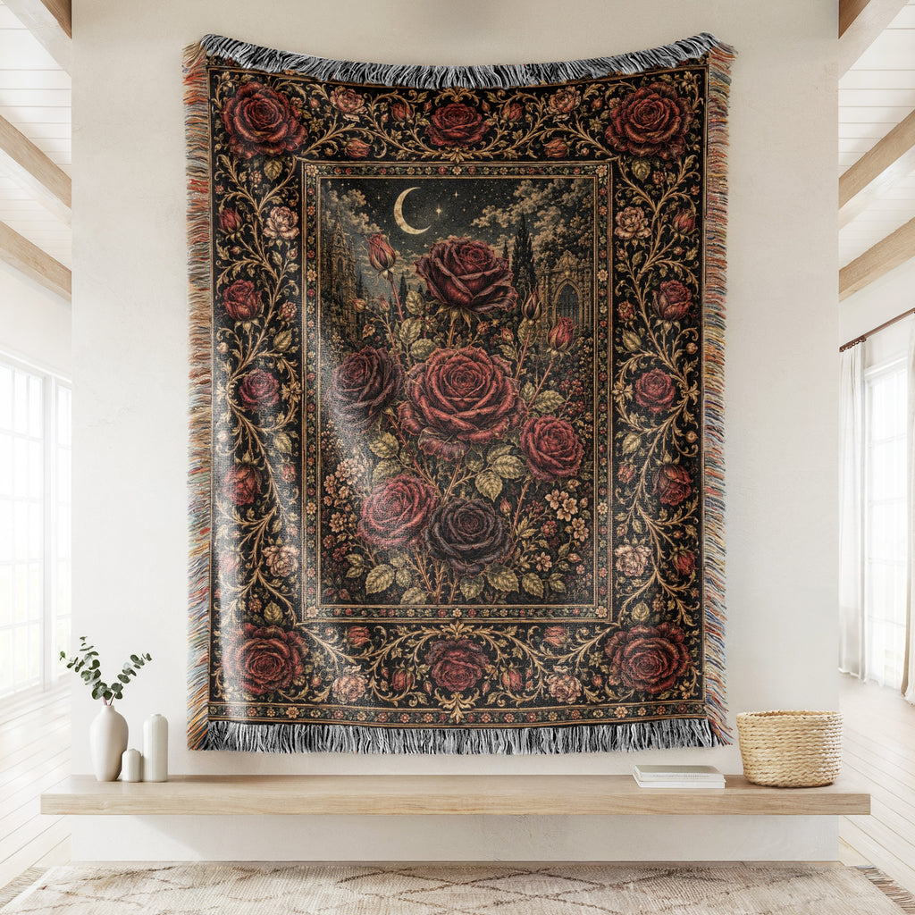 Midnight Crimson Rose Garden Blanket