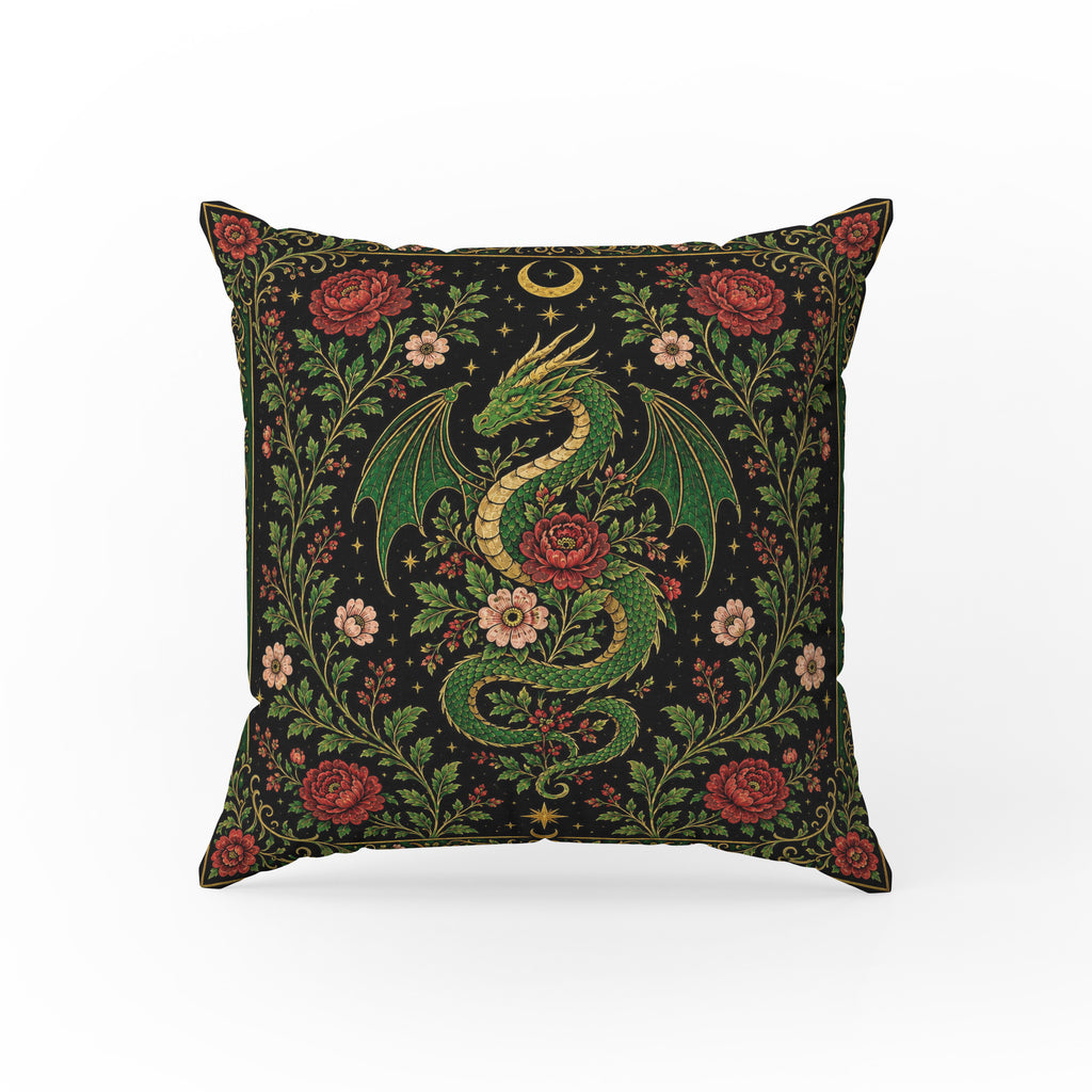 Verdant Wyrm – Gothic Dragon Floral Pillow