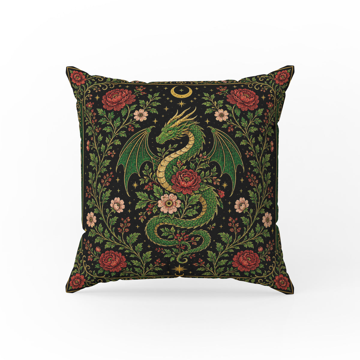 Verdant Wyrm – Gothic Dragon Floral Pillow