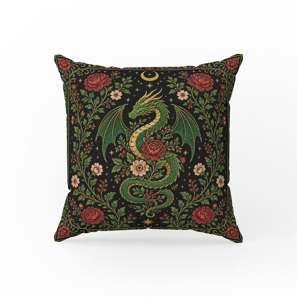 Verdant Wyrm – Gothic Dragon Floral Pillow