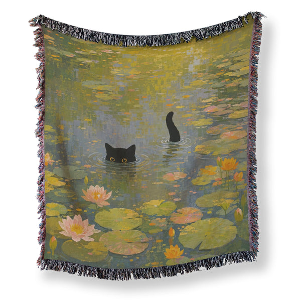 Sunlit Lily Pond Black Cat Blanket